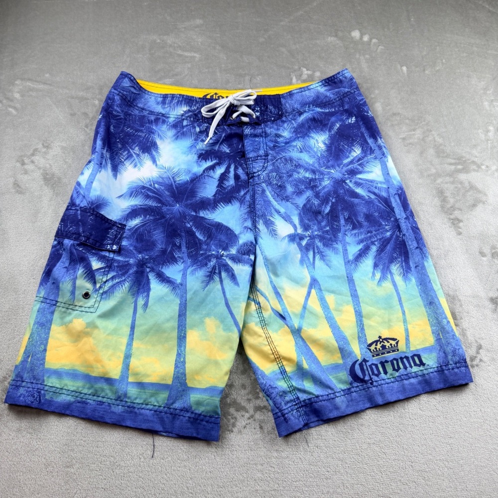 Corona Extra Men's Size 34 Board Shorts‎ Blue Palm Tree Tropical Swim Trunks